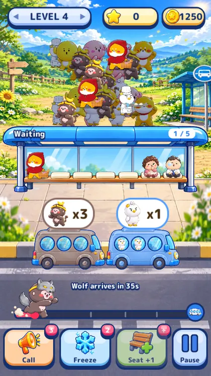 A crowded bus stop in the meadow world